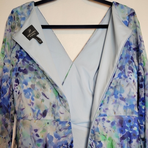 NWT Adrianna Papell Abstract Floral Metallic Chiffon Blue High-Low Dress Size 10 - Picture 7 of 16